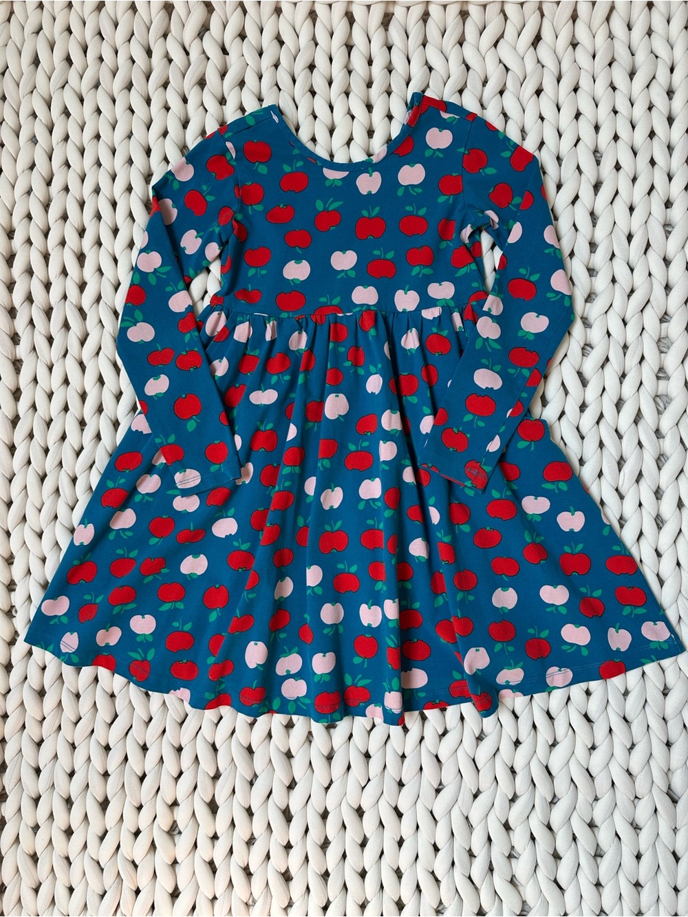 Hanna Andersson Teal Blue Long-Sleeve Twirl Dress with Apple Print 🍎 EUC